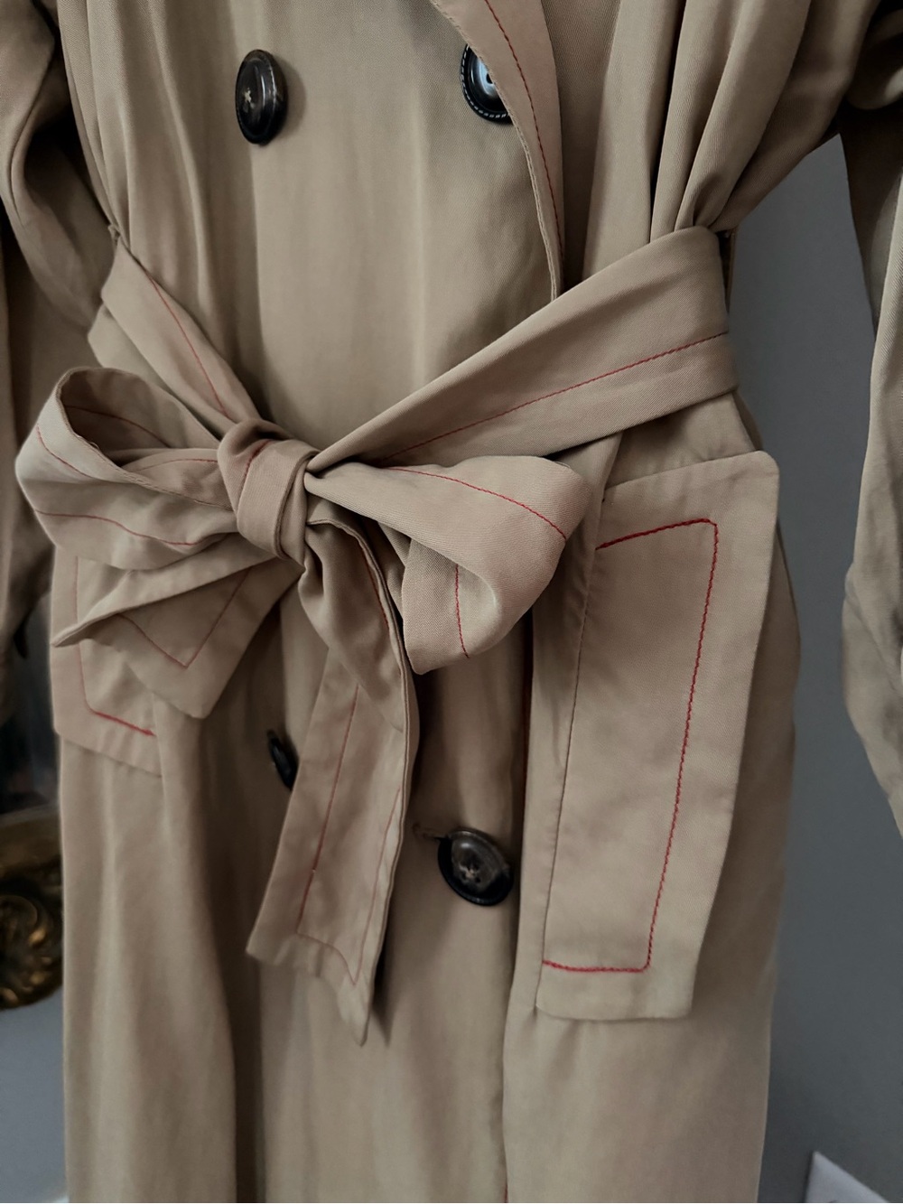 Free People Beige Trench Coat with Red Lining - Women’s Belted Trench - Picture 3 of 14
